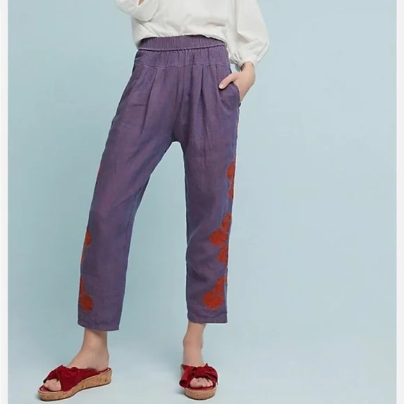 Anthropologie Purple Cropped Embroidered Linen Pants - Picture 1 of 10